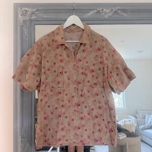 Men’s Vintage Tan Floral Button-Up Shirt Short Sleeve‎ Collared Top L